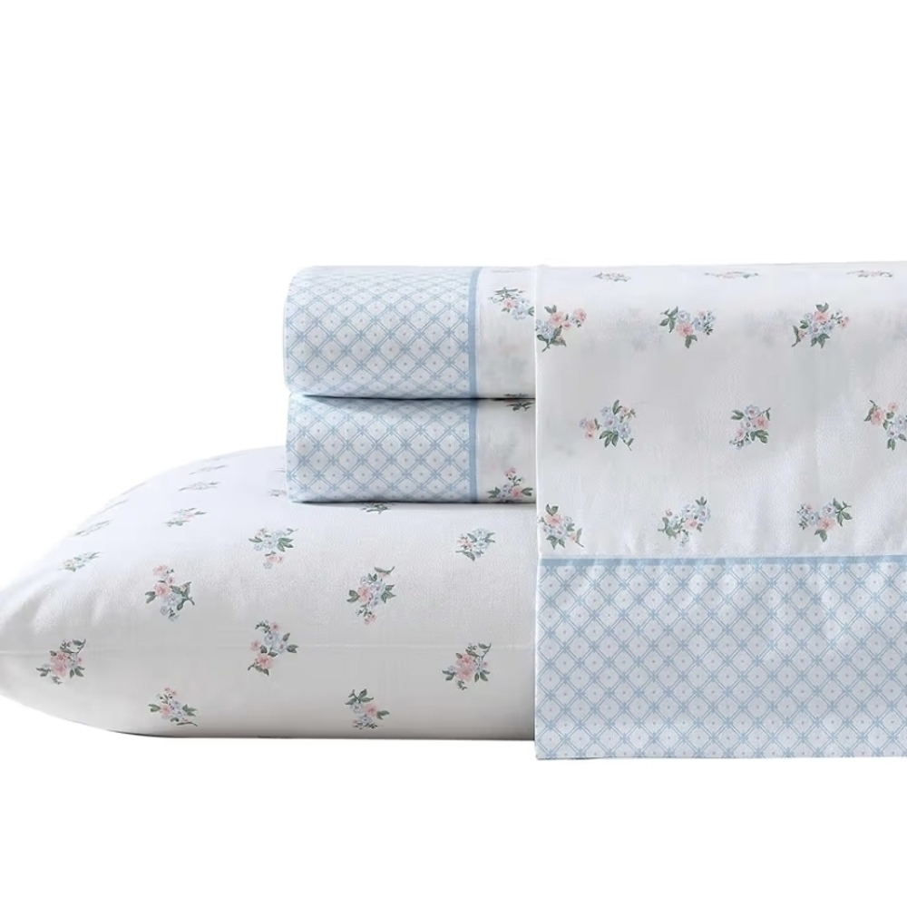 Laura Ashley Queen 100% Cotton Percale Sheet Set Harperette Blue